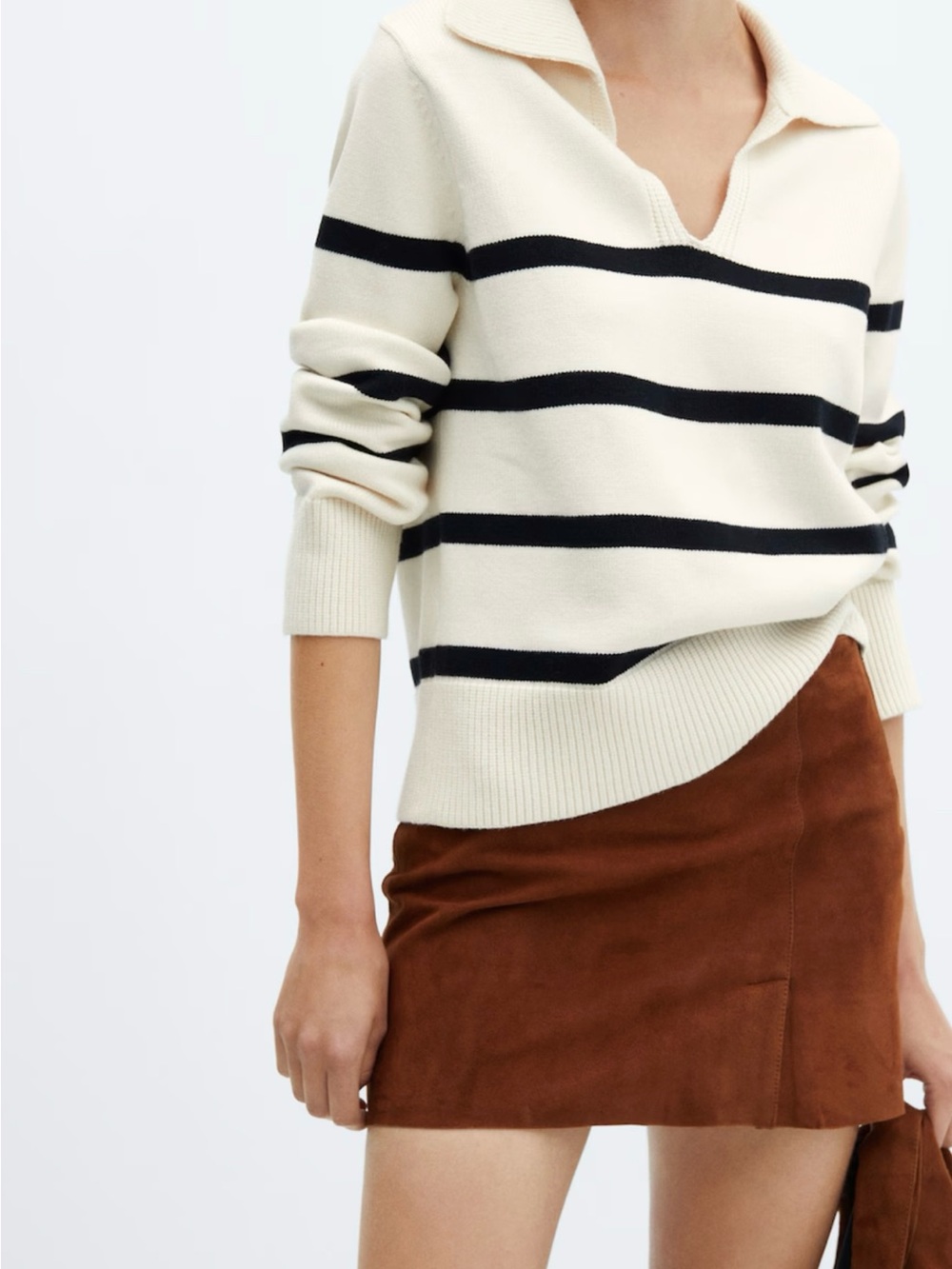 MANGO Cream Black Striped Polo Collar Sweater M